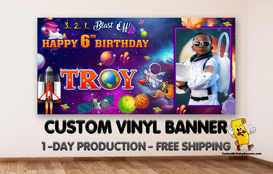 Outer Space Personalized Birthday Banner With Photo