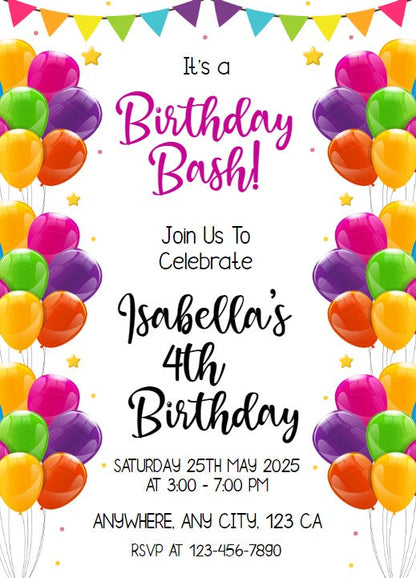 Balloon Theme Editable Birthday Invitation