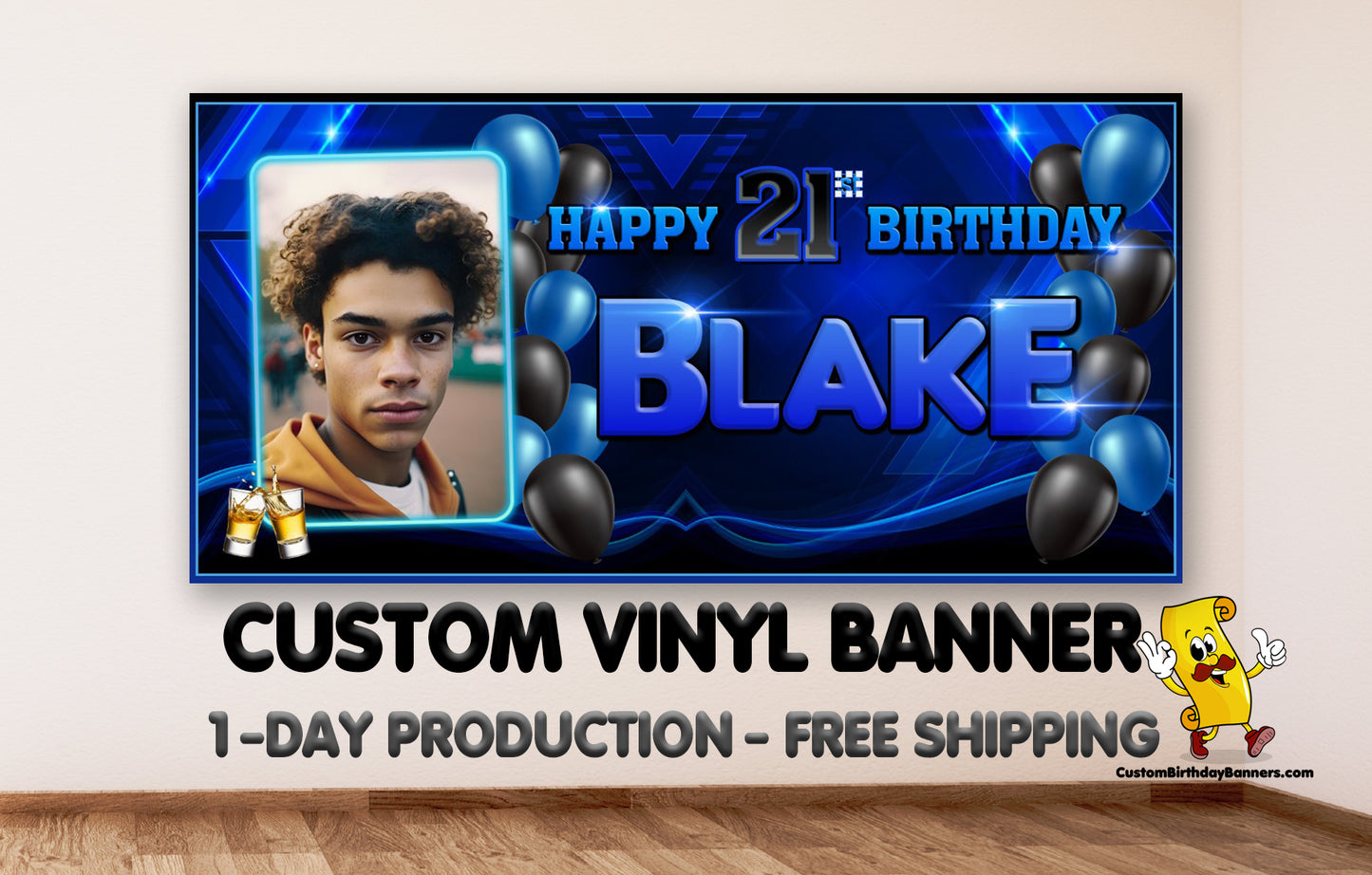 Personalized Birthday Banner - Any Age - Any Name and Photo Free Shipping!