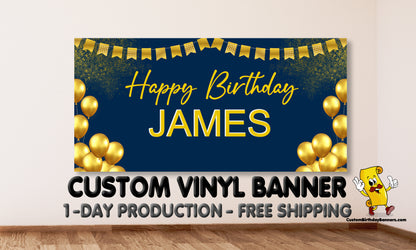 Blue And Gold Balloon Personalized Birthday Banner