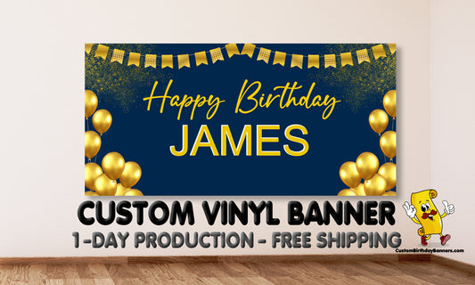 Blue And Gold Balloon Personalized Birthday Banner