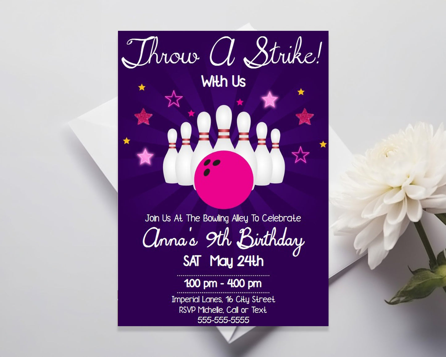 Bowling Party Editable Birthday Invitation