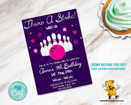 Bowling Party Editable Birthday Invitation