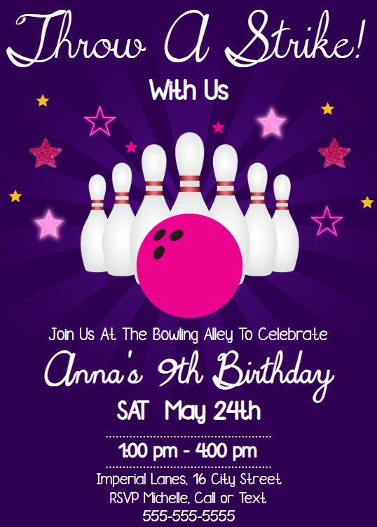 Bowling Party Editable Birthday Invitation