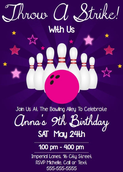 Bowling Party Editable Birthday Invitation