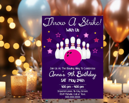 Bowling Party Editable Birthday Invitation