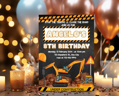 Construction Theme Personalized Birthday Invitation