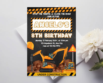 Construction Theme Personalized Birthday Invitation