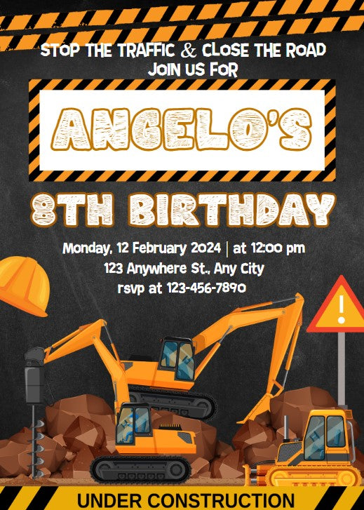 Construction Theme Personalized Birthday Invitation