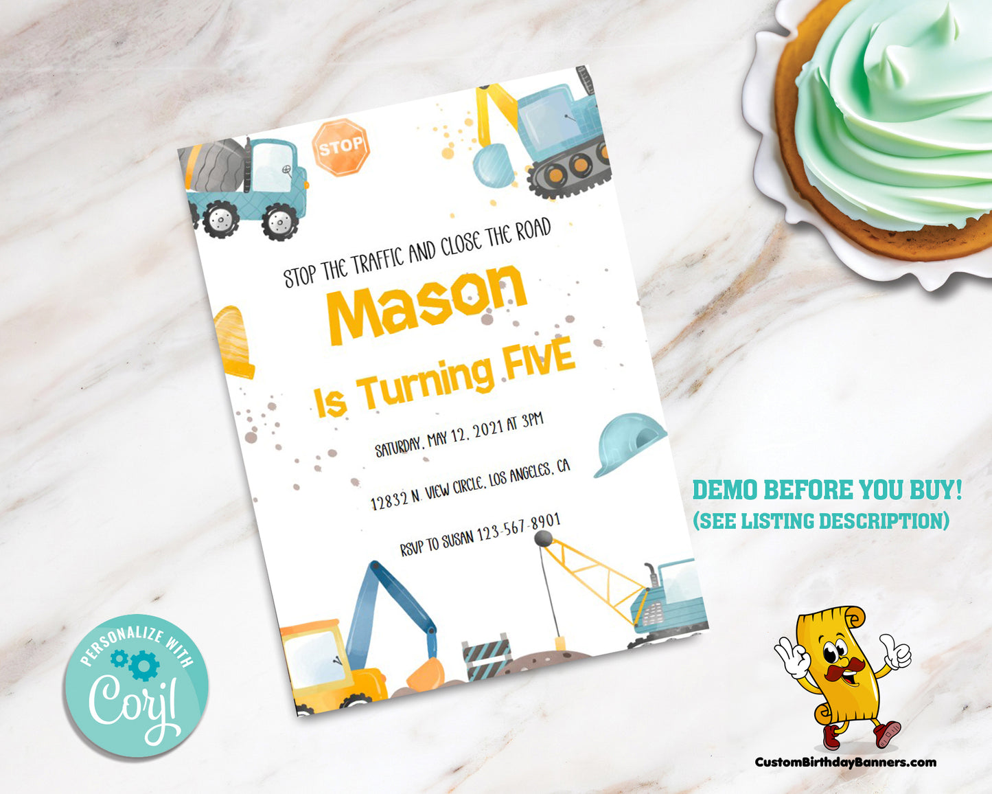 Construction Birthday Party Personalized Invitation