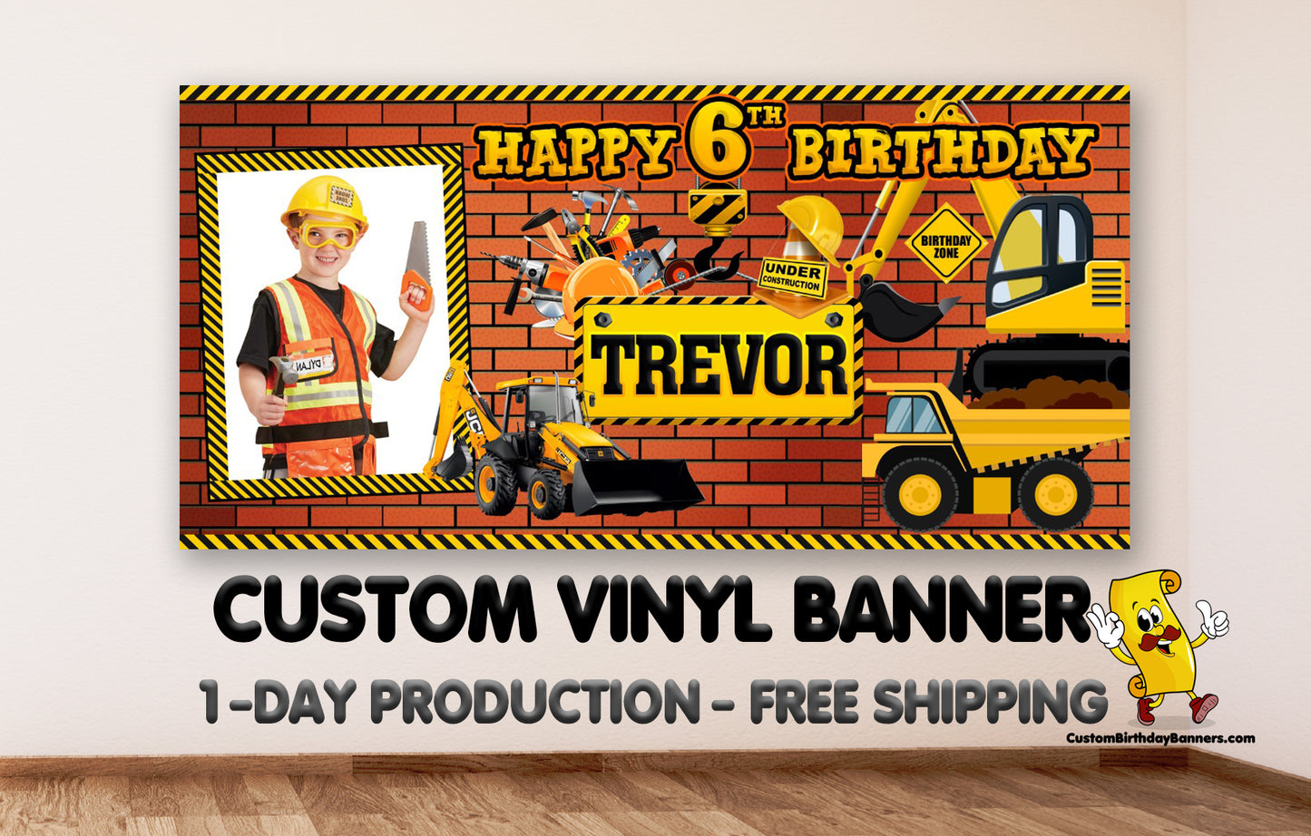 Personalized Construction Birthday Banner With Photo