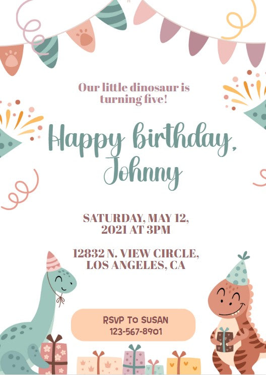 Dinosaur Birthday Party Personalized Invitation