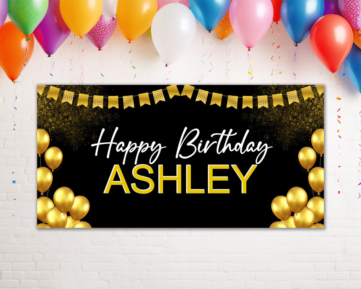 Black And Gold Balloon Personalized Birthday Banner