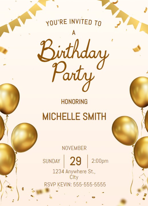 Gold Balloons Editable Birthday Invitation