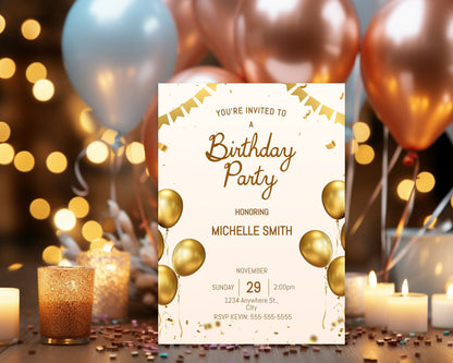 Gold Balloons Editable Birthday Invitation