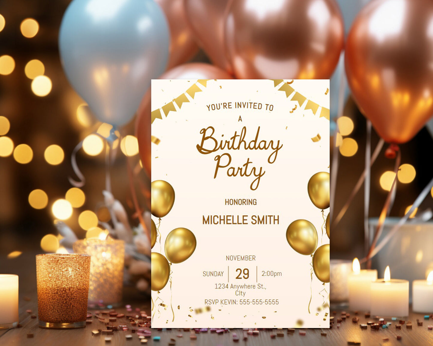 Gold Balloons Personalized Birthday Invitation