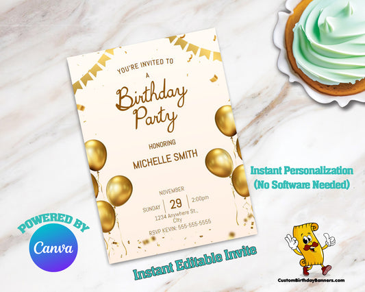 Gold Balloons Personalized Birthday Invitation