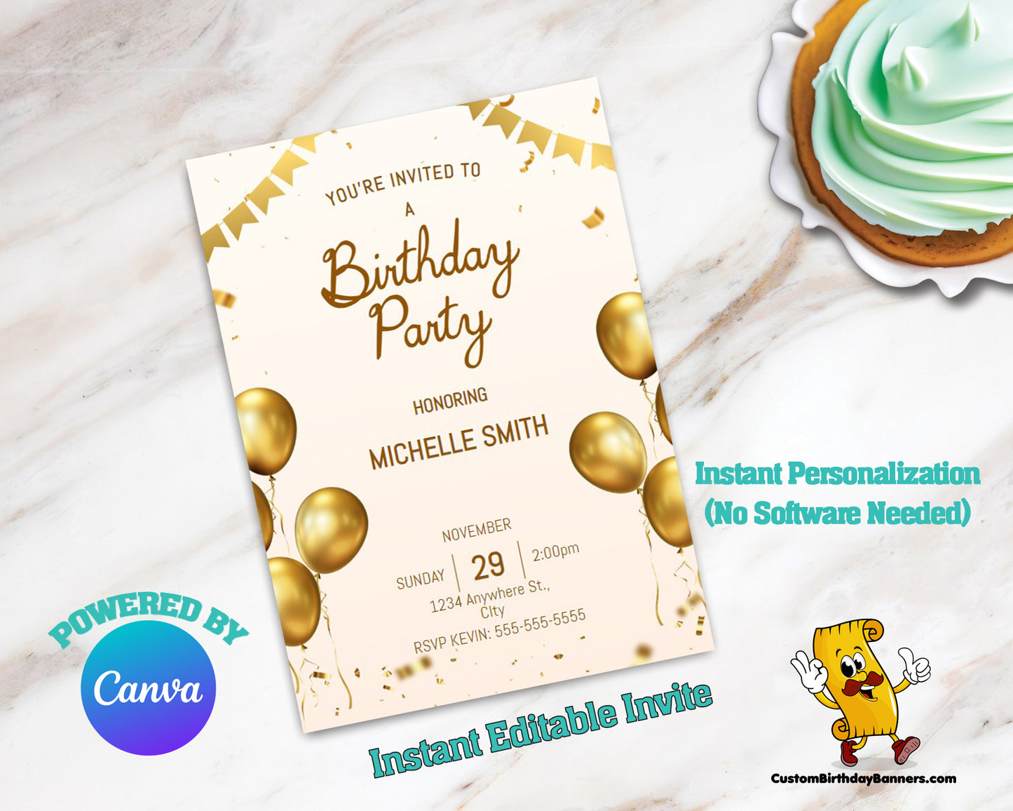 Gold Balloons Editable Birthday Invitation