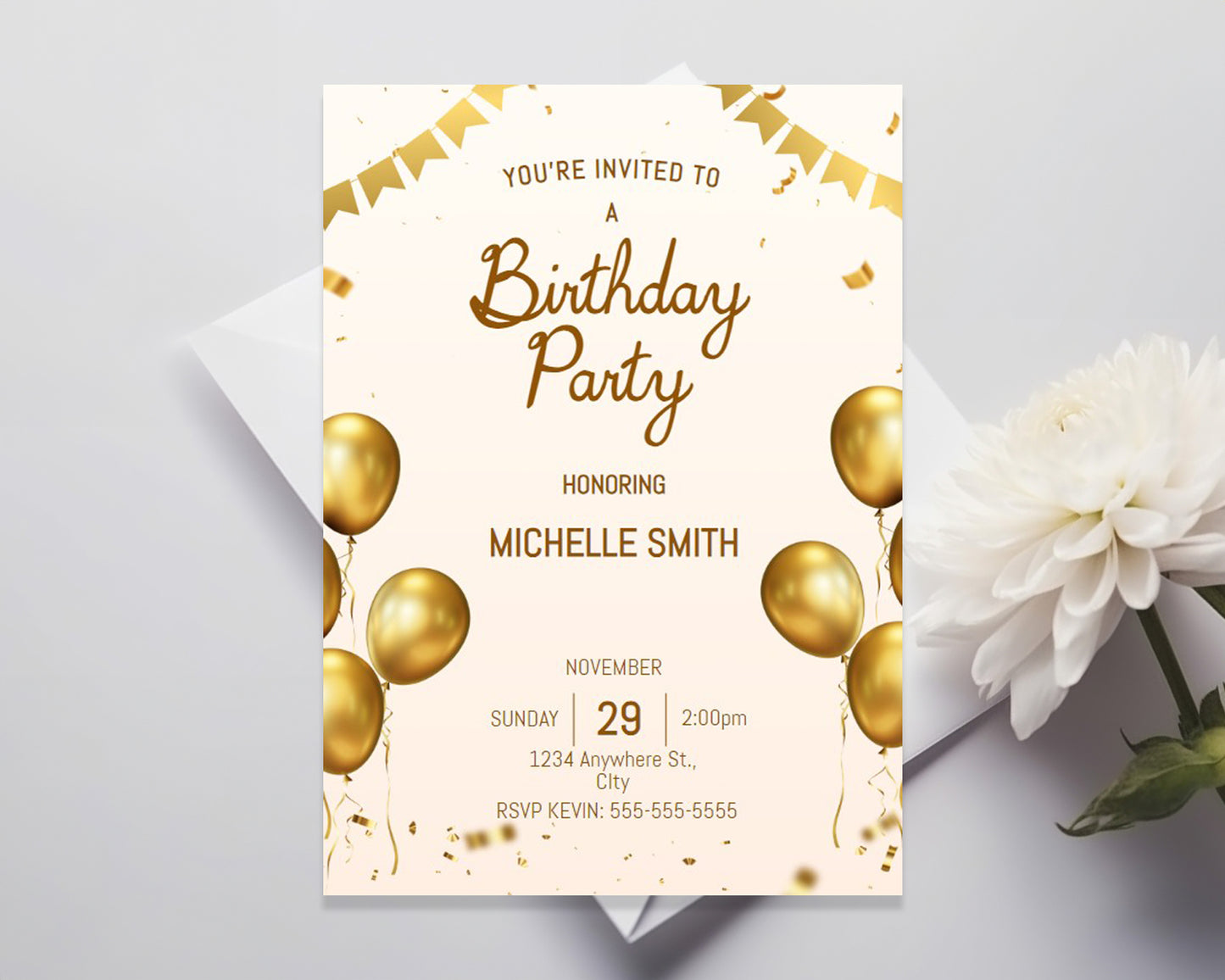 Gold Balloons Editable Birthday Invitation