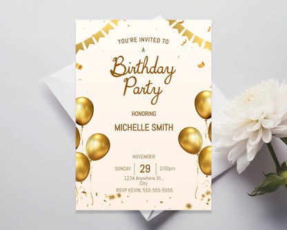 Gold Balloons Personalized Birthday Invitation