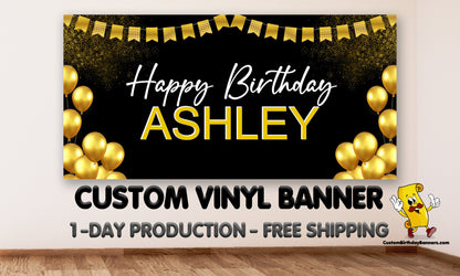 Black And Gold Balloon Personalized Birthday Banner