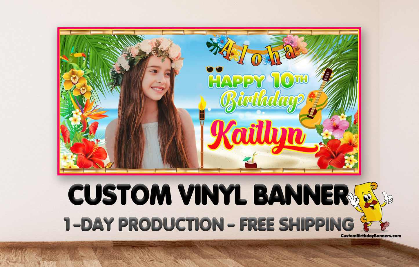 Hawaiian Luau Personalized Birthday Banner With Photo