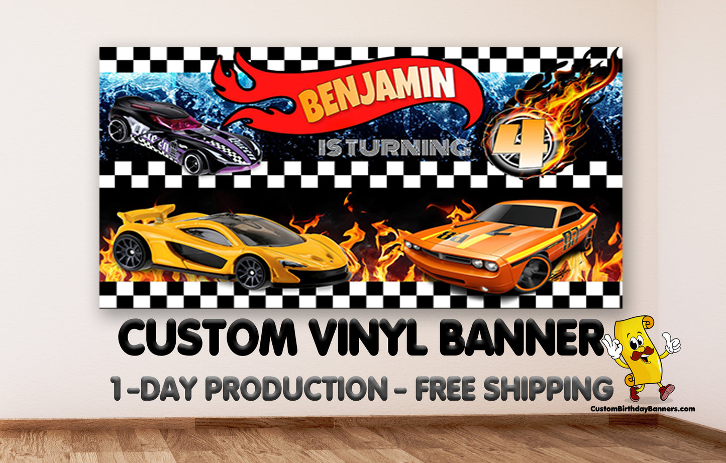 Hot Wheels Theme Personalized Birthday Banner Backdrop