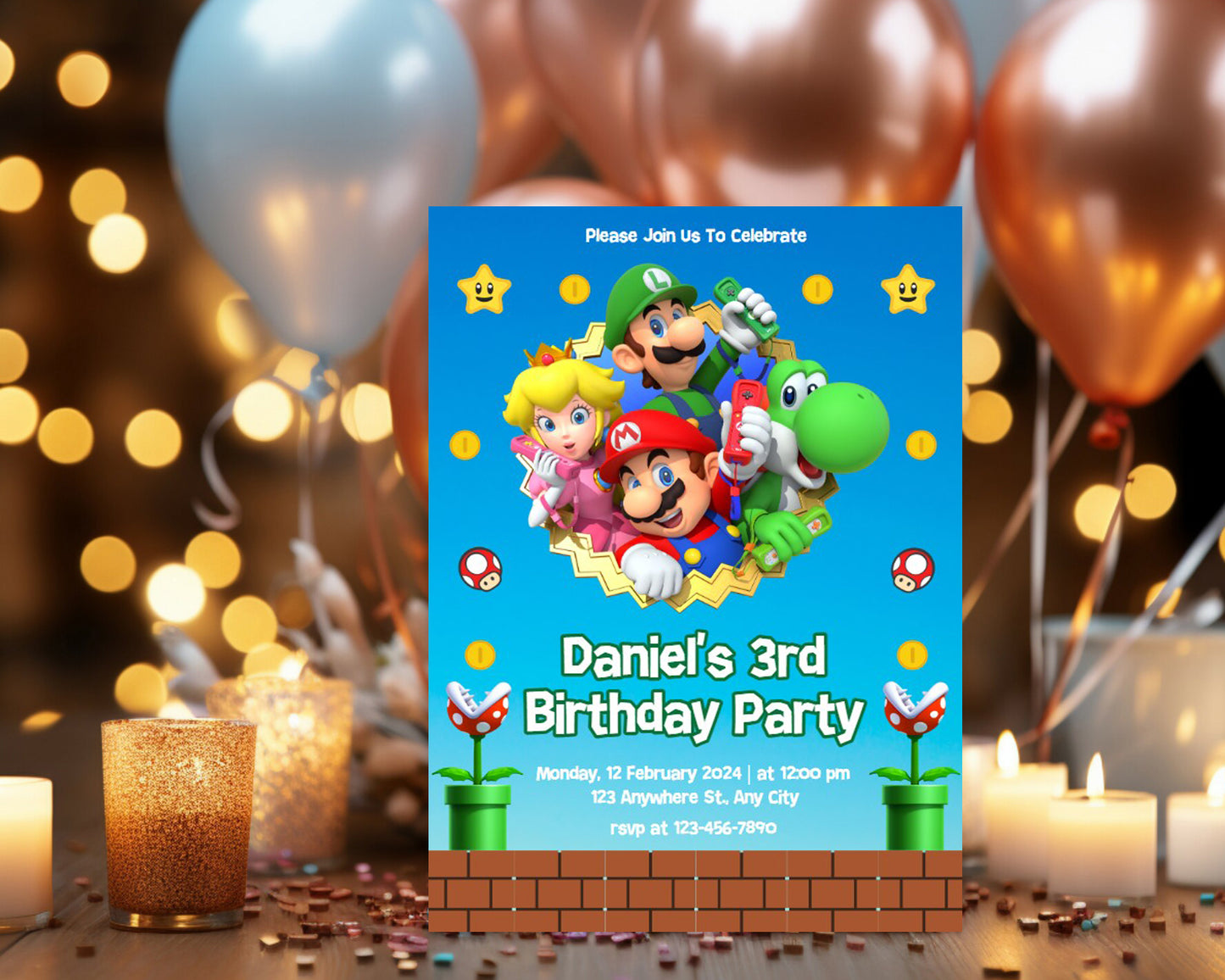 Super Mario Personalized Birthday Party Invitation