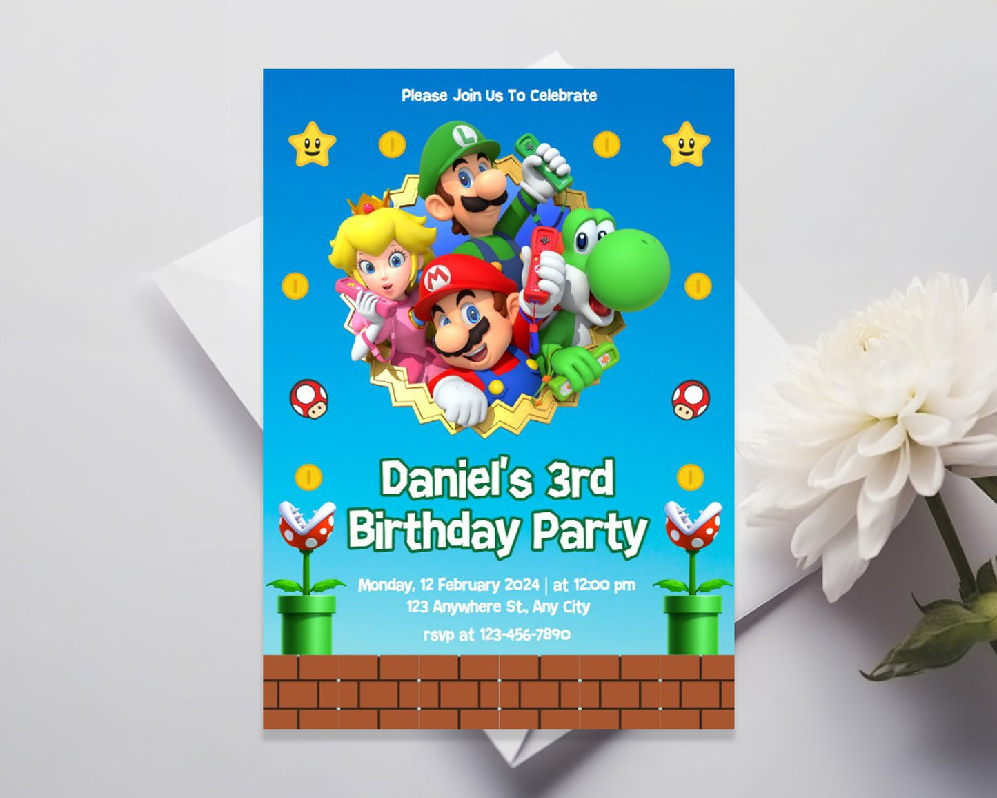 Super Mario Birthday Party Editable Invitation