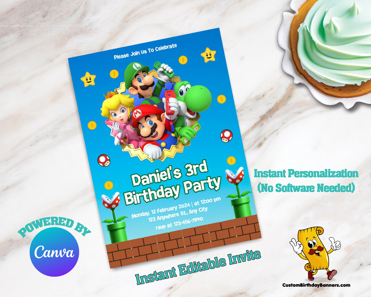 Super Mario Birthday Party Editable Invitation