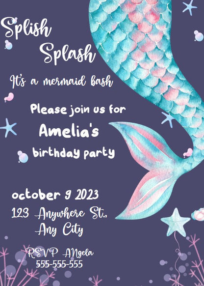 Mermaid Birthday Party Editable Invitation