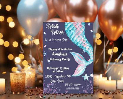 Mermaid Birthday Party Editable Invitation