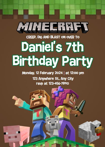 Minecraft Personalized Birthday Party Invitation