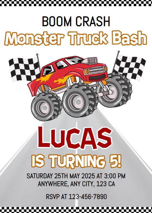 Monster Truck Birthday Party Editable Invitation