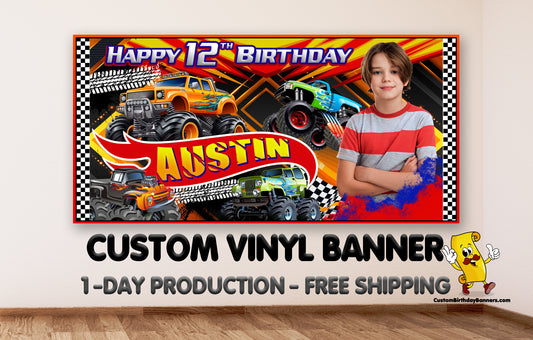 Monster Truck Personalized Birthday Banner With Photo