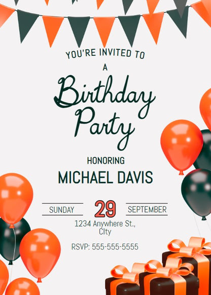 Orange And Black Balloons Editable Birthday Invitation