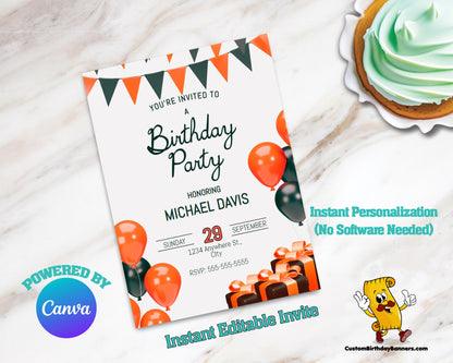 Orange And Black Balloons Editable Birthday Invitation