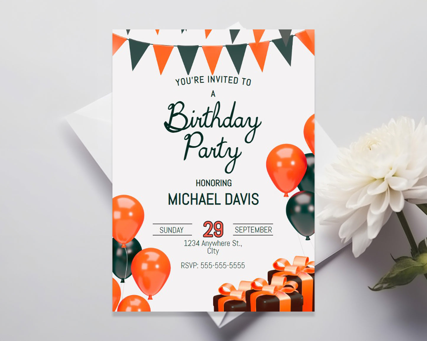 Orange And Black Balloons Editable Birthday Invitation