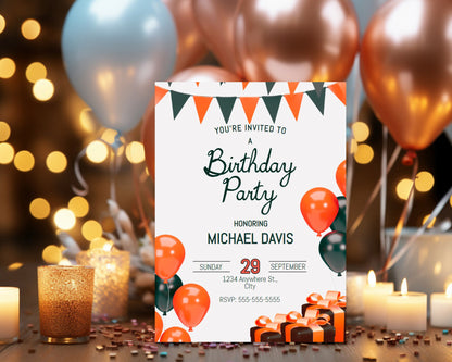 Orange And Black Balloons Editable Birthday Invitation