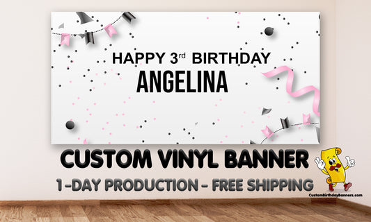 Pink And Black Ribbon Personalized Birthday Banner