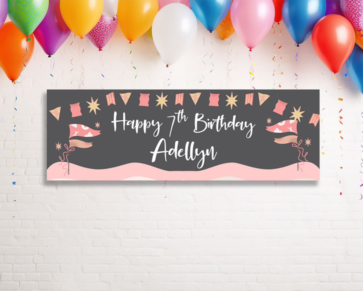 Cute Kids Pink Flag Birthday Banner