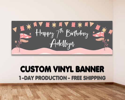 Cute Kids Pink Flag Birthday Banner