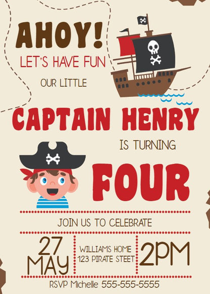 Pirate Themed Birthday Party Invitation