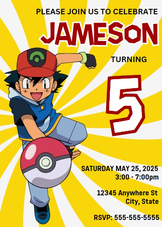 Pokemon Birthday Party Editable Invitation