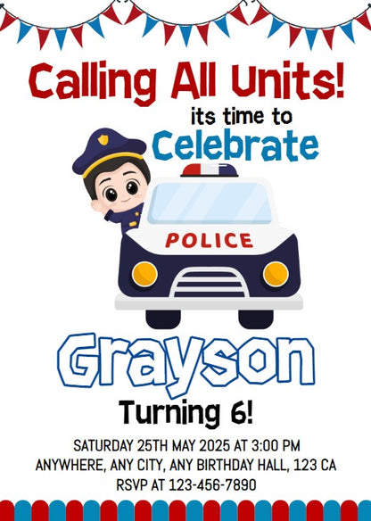 Police Car Themed Birthday Party Invitation