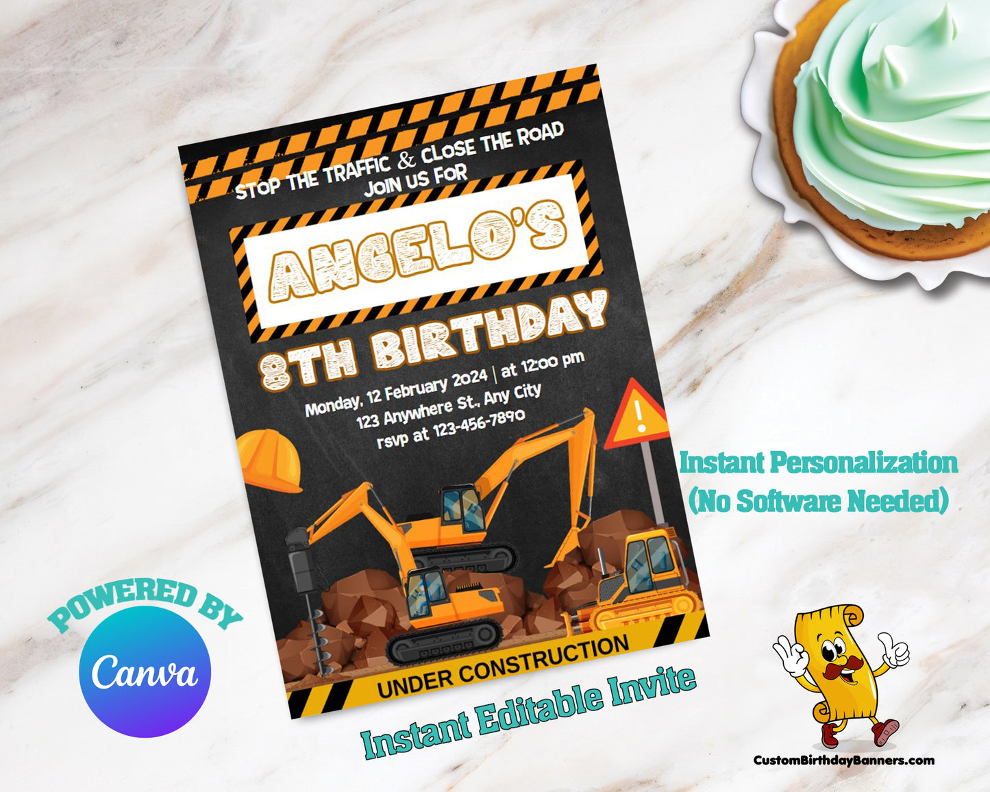 Construction Theme Personalized Birthday Invitation