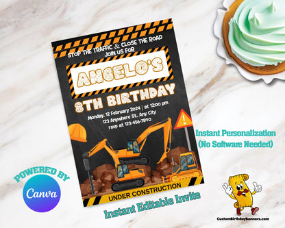 Kids Construction Birthday Editable Invitation