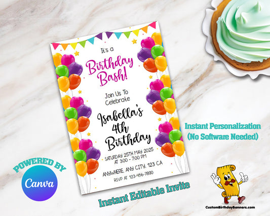 Balloon Theme Editable Birthday Invitation