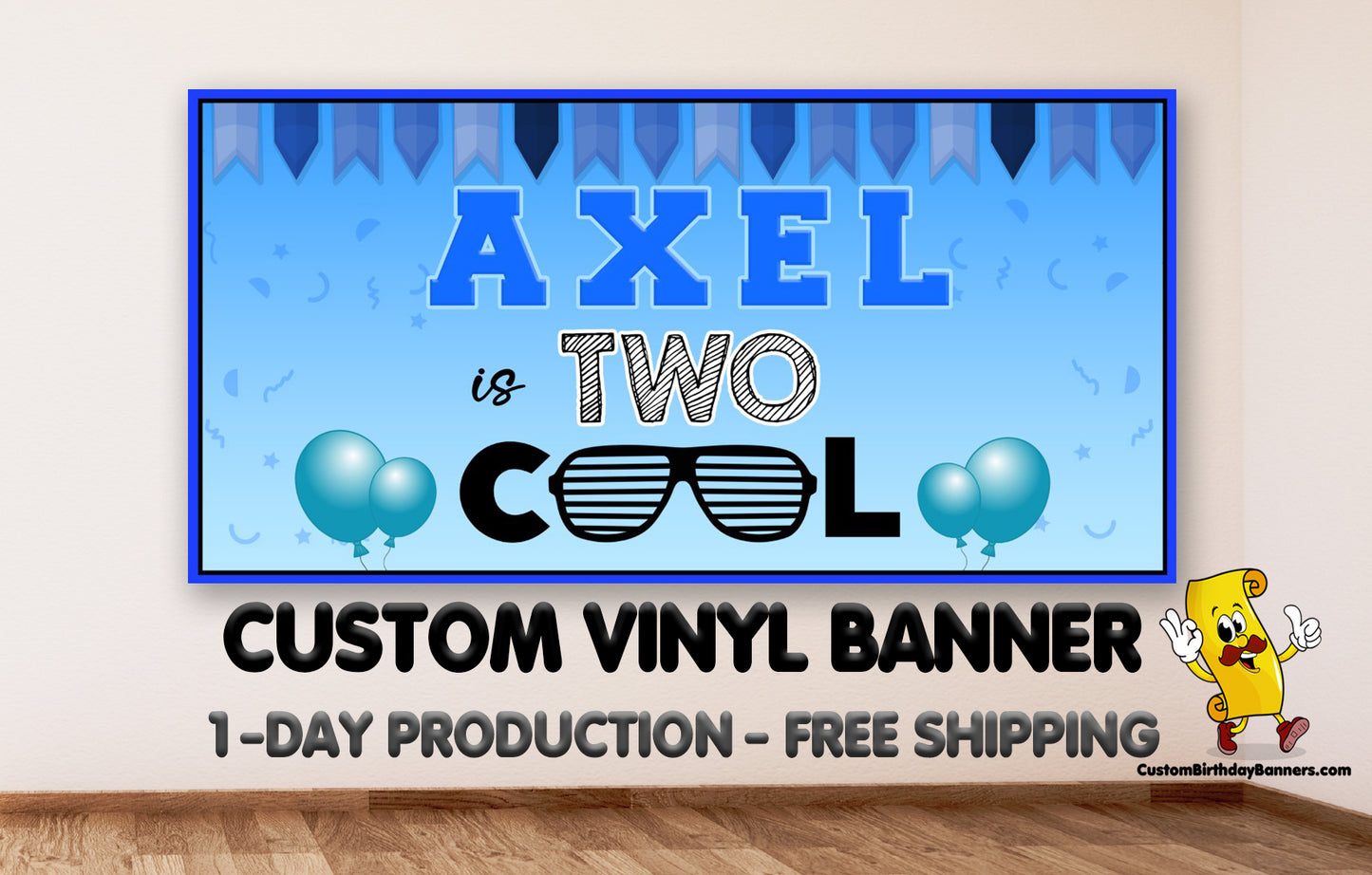 Two Cool 2nd Birthday Birthday Banner - Customize with Birthday Message and Name - Free Shipping